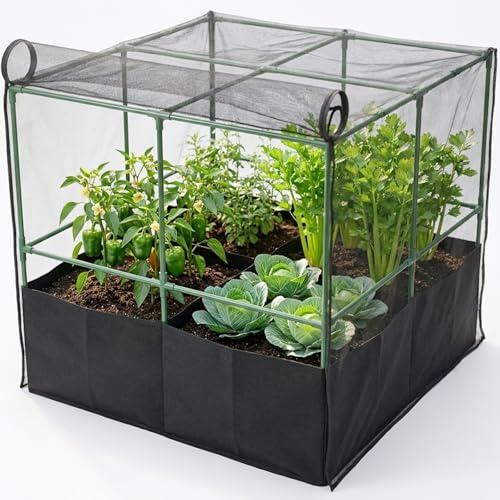 3-in-1 Pflanzsack mit Hochbeet Rankhilfe und Pflanzenschutznetz - Robuster Stützrahmen für Kletterpflanzen, Tomaten, Gurken Wachstumsstation inkl. Insektenschutznetz, Tomatensäule für Balkon & Garten