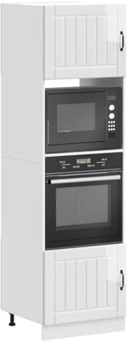 Owoxanthellate Lucca Lot de 2 armoires à cuisinière Blanc brillant 60 x 57 x 207 cm En matériau dérivé du bois - Pieds réglables - Grand compartiment - Four micro-ondes - Design moderne et robuste