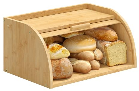 kiplant Bread Box for Kitchen Countertop, Small Bamboo Wood Bread Box, Wooden Corner Bread Storage Capacity