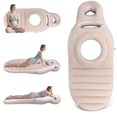 Eirolace Aufblasbares Schwangerschaftskissen, Yogamatte Für Schwangere Mit Loch, Bequeme Beflockte Luftbett für Schwangere Frauen, Bauchlage Matte, Ganzkörperunterstützung Schmerzlinderung(Beige)