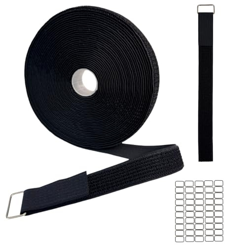 1 x 32ft Heavy Duty Hook and Loop Straps with 50 Metal Buckles, Adjustable Reusable Cinch Straps, Nylon Cut-to-Length Long Cable Straps and Cord Ties Roll for Storage and Cord Organizer, Black