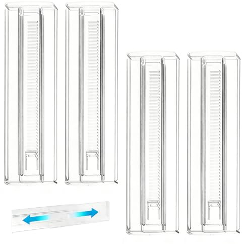 4 separatori per cassetti regolabili, in plastica trasparente con chiusura centralizzata, 28,7-50,5 cm, organizer per cassetti espandibile per armadi, cucina, bagno e ufficio, biancheria intima, calze
