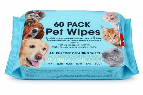 Pet Cleaning Wipes for Dogs and Cats, Alcohol Free Deodorizing Multi-Purpose Cleaning Pet Wipes Pack of 60 (60 WIPES)