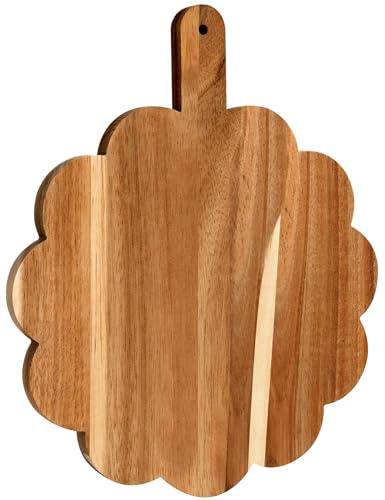 Scalloped Acacia Wooden Cutting Board with Handle, Wood Boards Kitchen Chopping Boards for Pizza, Bread, Cheese, Fruits, Vegetables, 12 x 10 x 0.63 Inch