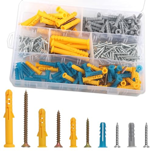 270Pcs Screws and Wall Plugs Set, Assorted Plugs and Screws for Brick Concrete Drywall, Heavy Duty Plasterboard Fixings and Wall Screws Kit, Plasterboard Wall Plug and Screw for Home DIY