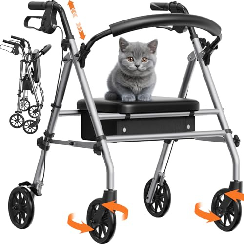 Luckfaith Folding Rollator Walker with Seat for Seniors, 4 Wheel Mobility Walker Supports 348 lbs, Adjustable Walking Aid with Dual Brakes, Padded Seat, Backrest for Daily Travel, Sliver