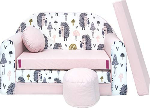 Pro Cosmo umwandelbares Kindersofa – perfekt zum Spielen und Schlafen – mit Abnehmbarer Matratze, Kissen und Pouf – 98x168x59 cm – leicht und einfach zusammenklappbar - Farbe Hellrosa HX1, Igel