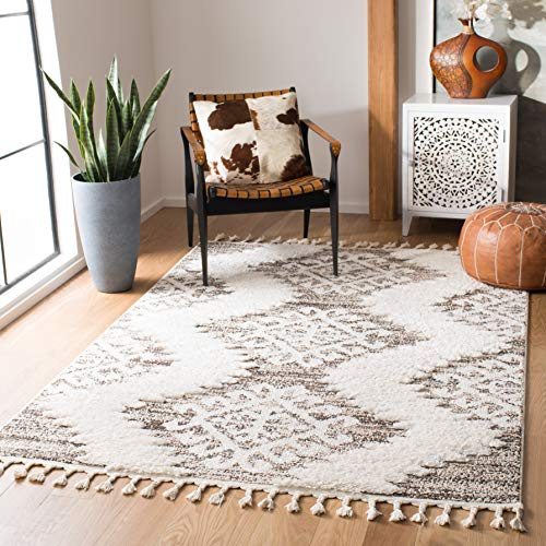 SAFAVIEH Moroccan Tassel Shag Collection Accent Rug - 4' x 6', Ivory & Brown, Boho Design, Non-Shedding & Easy Care, 2-inch Thick Ideal for High Traffic Areas in Foyer, Living Room, Bedroom (MTS652A)