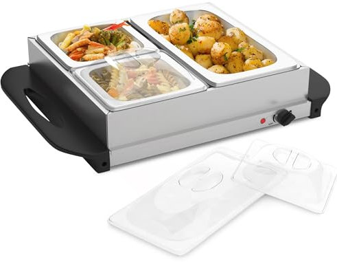 Jago® Calentador de Buffet - Eléctrico, Portátil, Acero Inoxidable, Control de Temperatura, 45-85°C, Placas Calefactoras, 1 x 2,5L y 2 x 1L - Bandeja para Mantener Alimentos Calientes, Comida