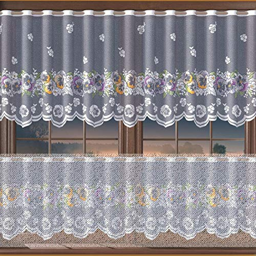 MforStyle White Kitchen Cafe Net Curtain Floral Pansies. READY TO HANG - HEMMED EDGES - WIDTH Sold by metres DROP 28 (70cm)