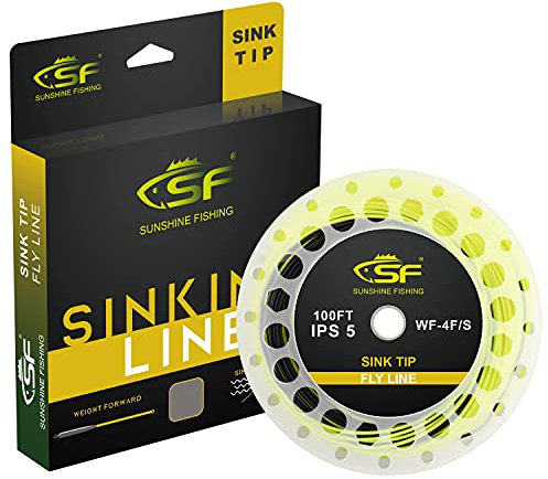 SF Hi-Viz Fiegenschnur mit sinkender Schnurspitze Gewicht vorwärts verjüngte schwimmende Fliegenschnur Sinkschnur 100 FT IPS5# WF9S/S5 Fluoreszierendes Gelb & Schwarz
