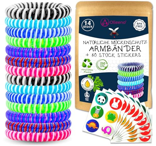 Olleeno® Mückenschutz Armband Moskito Insektenschutz Armband für Outdoor Camping Wandern Sport Anti Mückenarmband für Kinder und Erwachsene (14 Stück + 60 Mückenabwehr Aufkleber)