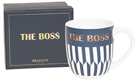 DRAEGER PARIS 1886 - Taza de Cerámica Fina 320 ml - Diseño Chic Azul/Rosa - Mensaje The Boss en Oro - Regalo Original para Amigo, Colega, Familia - Apto para Lavavajillas - Caja de Regalo Incluida