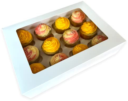 Bake Pro 5 x Premium 12 Cupcake Box | 33x24x7.5cm | White Recyclable Food Grade Cardboard | Adjustable Inserts for Muffins or Cupcakes | Easy Pop-Up Construction | Display Window | Made in the UK