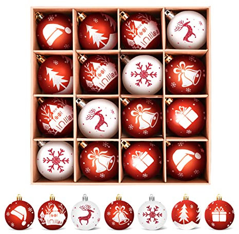WEARXI Weihnachtskugeln - 16pc 6cm Christbaumkugeln Kunststoff Rot Weiß, Weihnachtskugeln Kunststoff, Weihnachtsdeko mit Aufhänger, Weihnachtsbaumkugeln für Klassische Weihnachtsbaumschmuck Rot Weiß
