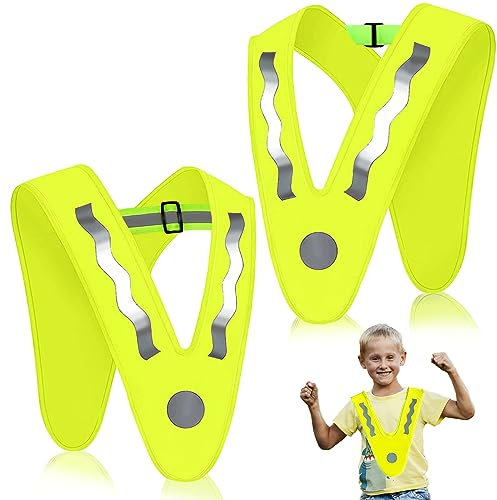 2 Stück V-Form Warnweste für Kinder, Reflektorweste Gelb mit elastischem Band, Gute Sichtbarkeit für Sport, Laufen, Fahrrad