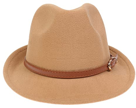 NiceYnn Women Men Wool Panama Hat Curl Brim Jazz Fedoras Gangster Trilby Derby Party Church Hat, Homburg 1920S Vintage Manhattan Felt Cap Camel & Belt