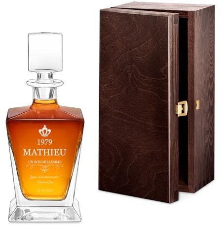 Maverton Carafe à whisky pour homme - 0,8l Décanteur gravé - Avec motif décoratif - Carafe en verre pour connaisseur - avec personnalisation - pour anniversaire - pour lui - millésime