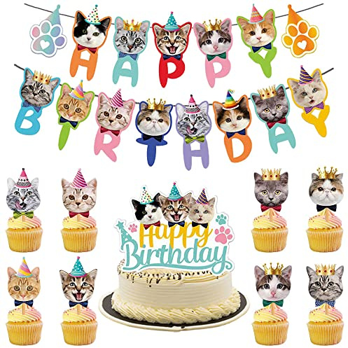 Xihuimay 11pcs Pet Cat Theme Cake Topper Birthday Set Happy Birthday Banner Flower Topper Handmade Cupcake Topper Cat Theme Picks for Boys Girls Birthday Party Decoration