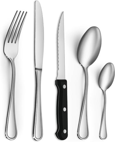 Gifcomda Juego de cubiertos, 30 piezas cubiertos acero inoxidable para 6 personas, pulido brillante, juego de cubiertos con cuchillo de carne, cuchillo, tenedor, cuchara, apto para lavavajillas
