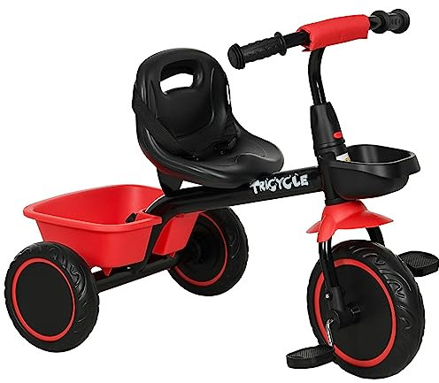 AIYAPLAY Dreirad Kinderdreirad Kinderfahrrad mit Beckengurt Pedalen, Fahrradkorb, Kinderrad mit höhenverstellbarer Sitz für Kinder 2-5 Jahre Schwarz+Rot, 80 x 48 x 63 cm