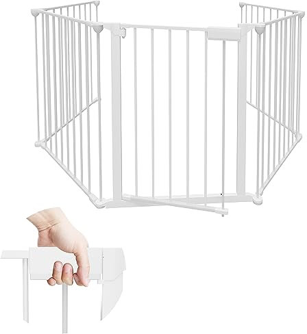 Eulenke Kaminschutzgitter mit Tür Metall 310cm Absperrgitter für Kinder, Ofenschutzgitter Laufstall faltbar, Tierschutzgitter Babygitter Sicherung inkl. 5 teilig Elementen (Weiß)
