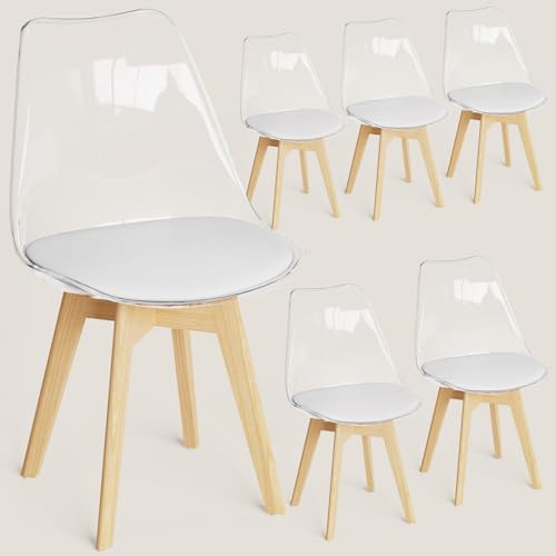 FRUOGO Esszimmerstühle 6er Set mit transparenter Rückenlehne und Massivholzbeine aus Buche,küchenstühle Polsterstuhl Stühle mit weißem bequemem Sitzkissen für Esszimmer Küche Wohnzimmer Schlafzimmer