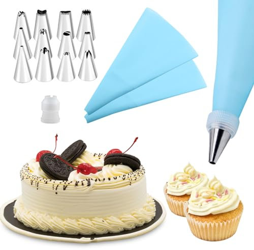 OKTAYOCUM Piping Bags and Nozzles Set, 12 PCS Stainless Steel Nozzles with 2 Silicone Piping Bags 1 Converter, Reusable Icing Piping Bags and Nozzles for Decorating Cakes, Pastries, Cookies and Cupcakes