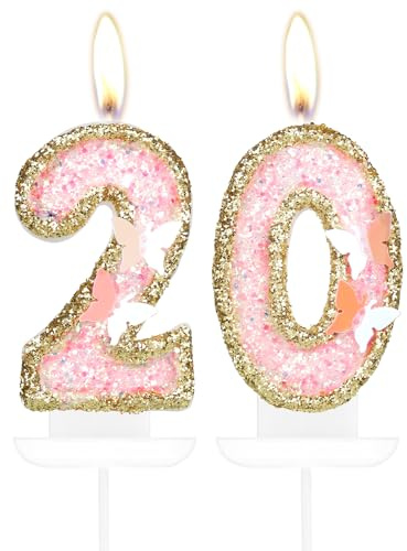 Schmetterling 20. Geburtstag Zahl Kerzen, Rosa Gold Kerzen Kuchen Topper für Kuchen Mädchen 20 Geburtstag Dekorationen Schmetterling Geburtstag Kerze Cake Topper