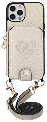 VQWQ Wallet Case Compatible with iPhone 13 Pro 6.1 - 1,5M Strap Zipper Heart Leather Case Card Slot Stand Anti-Shock Cash Pocket Full Protect Kickstand Cover For iPhone 13 Pro 6.1 [AX] -Grey