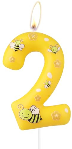 Honigbiene 2nd Geburtstagskerzen, gelbe Zahl 2 Kerze mit niedlicher Biene, Mädchen Jungen 2nd Geburtstag Dekorationen, Bienen Kuchen Dekorationen, Honigbiene Theme Party Dekoration Zubehör