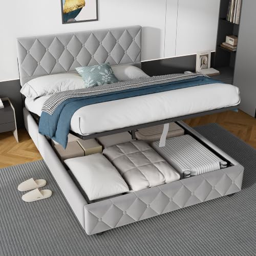 okwish Polsterbett 140x200 mit Bettkasten, Samt, Grau, ohne Matratze | verstellbares Kopfteil, Lattenrost aus Holz, Ideal als Doppzelbett, Jugendbett und Stauraumbett
