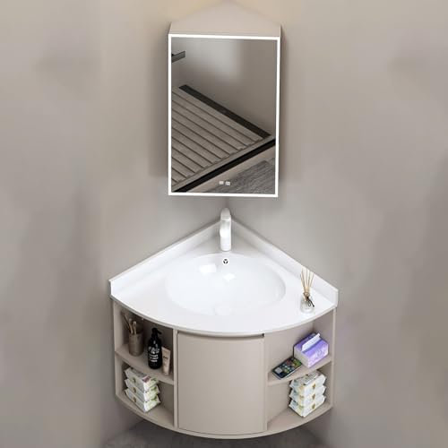Lavandino Angolare A Parete Con Unità Singola, Set Di Mobili Curvi Per Bagno Singolo Piccolo Moderno, Con Specchio Luminoso E Set Di Lavandini, Con Mobiletto Per Riporre Gli Oggetti(20in/50cm)