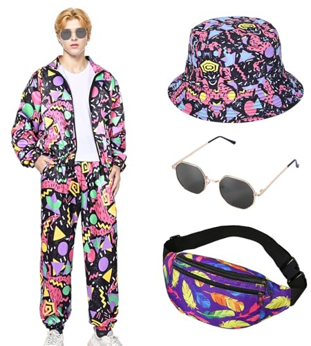 Matreeglam 80er 90er Jahre Kostüm Herren, Retro Trainingsanzug Set mit Brille Fischerhut, Mode Disco Kleidung Outfit für Mottoparty (rosarot, S)