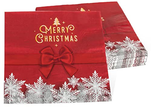 PARTY GO 40 Stück 33x33cm Servietten Weihnachten Rot, mit Geschenkschleife und Schneeflocken Muster, für die Tischdekoration zu Weihnachten