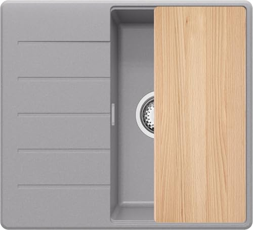 PRIMAGRAN Evier Cuisine en Granit au Meuble 40cm + Kit de Vidage, 55x50cm | Set: Kit de Vidage (Siphon, bonde d’évacuation, trop-plein) + Planche à Découper + Lavabo 1 Bac - Copenhague Top, Gris