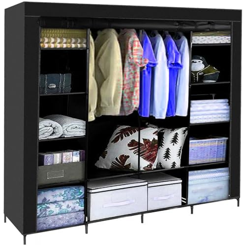 MT MALATEC Armario de tela grande 170 x 170 cm, estable, 2 barras para ropa, 14 compartimentos, armario plegable para dormitorio, vestidor, color negro 23740