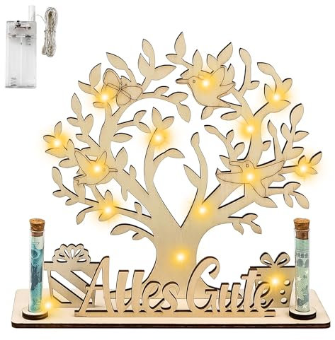 QEEYON Geldbaum aus Holz mit LED Lichterkette, Geldbaum Geschenk,Lebensbaum Deko,Hochzeit Geschenk, Geldgeschenke Geburtstag, Geldgeschenke Verpackung für Männer Frauen Brautpaar