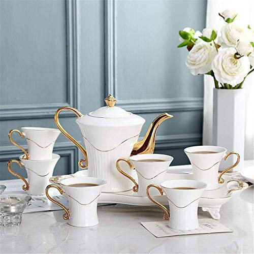 YBVBCXCB Set da tè con teiera, 8 Pezzi con Finiture in Oro per Feste e cene Servizio da caffè e tè in Porcellana Smaltata con 6 Tazze e Vassoio da caffè