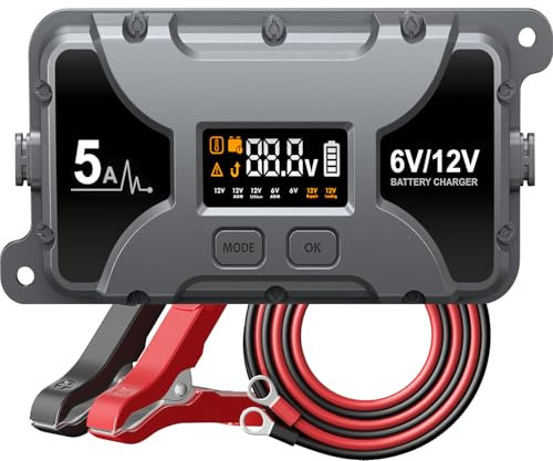Powerextra 5A Car Battery Charger & Maintainer, 6V/12V Portable Smart Trickle Charger with LED Display & Repair Mode for Lead-Acid AGM Lithium Caravan Batteries