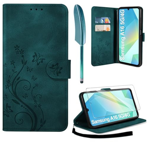 AROYI Lederhülle Kompatibel mit Samsung Galaxy A16 5G/4G Hülle und Schutzfolie, Flip Wallet Handyhülle PU Leder Case Kartensteckplätzen Schutzhülle Kompatibel mit Samsung Galaxy A16 5G Blaugrün