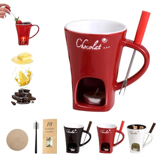 Yagerod Fondue Cups Tealight, Chocolate Fondue Mug, Fondue Mugs, Fondue Cups, Chocolate Fondue Mugs Set With Forks & 10 Candles, Candy Mini Ceramic Fondue Mugs Gift Set With Forks(RED)