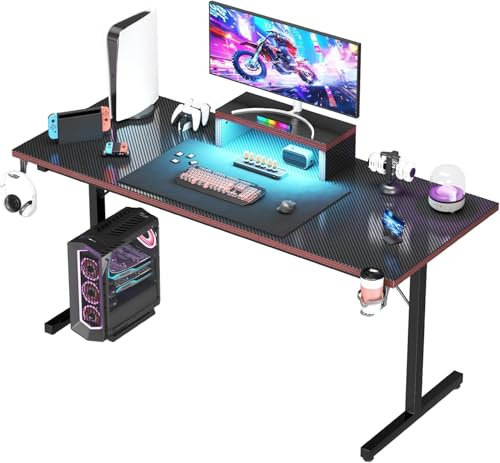 Devoko Gaming-Schreibtisch mit LED, Gaming-Schreibtisch mit Monitorständer, Kohlefaser-Beschichtung, T-Rahmen-Design, ergonomischer Computertisch mit Getränkehalter und Kopfhörerhaken, 180 x 60 cm,