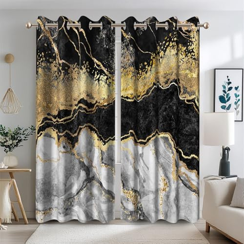 Ttincceer 117x229cm Schwarzer Marmor Fenstervorhänge für Schlafzimmer Schwarz Grau Gold Textur Marmor Blackout Zimmer Vorhänge Licht blockieren Thermisch isoliert Schlafzimmer Vorhänge 2 Panels