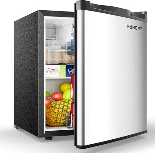 EUHOMY Mini Kühlschrank, 46L Kühlschrank klein, kleiner Kühlschrank mit umkehrbarer Tür, 7-Stufen Thermostat, 38dB Ultra-Leise, Energieeffizienter Kompaktkühlschrank für Schlafzimmer, Büro (Silber)