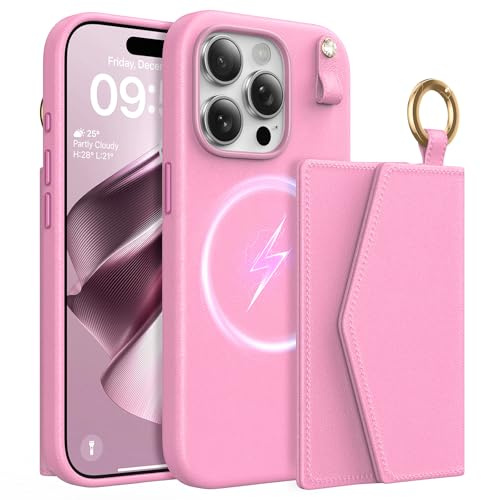 TAURI Cover per iPhone 15 Pro Max con Portacarte Rimovibile, Compatibile con MagSafe, Custodia in Pelle PU Soft Touch per Donne e Ragazze, Cover Protettiva Magnetica - Rosa