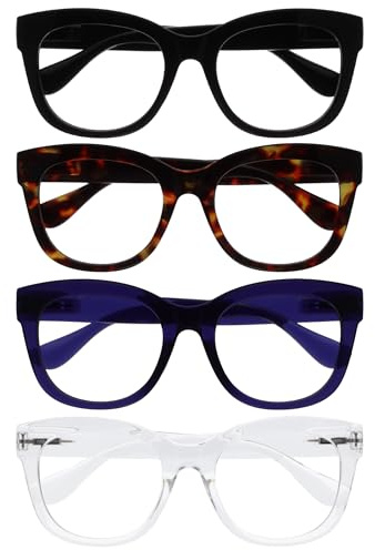 OPULIZE BIG Lunette anti lumiere bleue femme & homme - Lunettes Loupe Ecran/Gaming - Anti-éblouissement Anti-Reflet Protection UV - Lot de 4 Noir Brun Indigo Transparente - +2,00