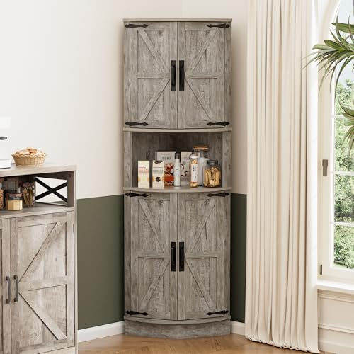 BonVache 165cm Tall Corner Storage Cabinet with Barn Doors, 5-Tier Farmhouse Corner Cabinet for Living Room, 4 Wooden Doors and 5 Shelves, Space Saving Freestanding Sideboard for Home, Kitchen,Gray