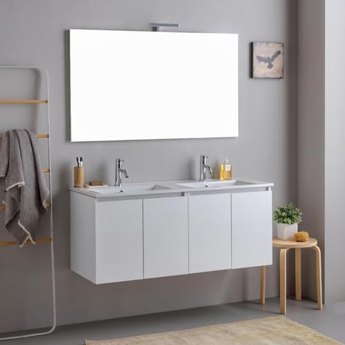 Kiamami Valentina - Mobile bagno sospeso 120cm bianco con ante, doppio lavabo e specchio | Bilbao