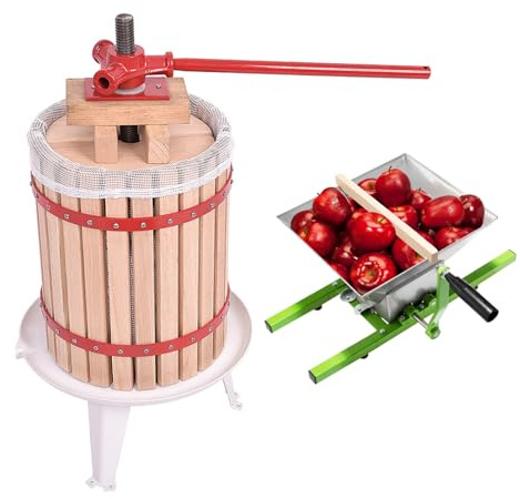 LILIIN Presse-fruits, 6 l, en bois de hêtre, avec moulin à fruits de 7 l, manuel, à vin, à maïs, avec chiffon de pressage, manipulation (presse-fruits de 6 l + moulin à fruits de 7 l)